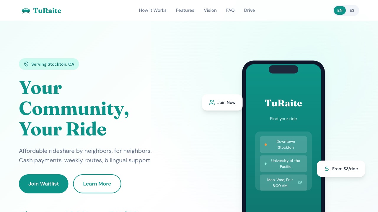 TuRaite — bilingual rideshare for Stockton, screenshot of homepage